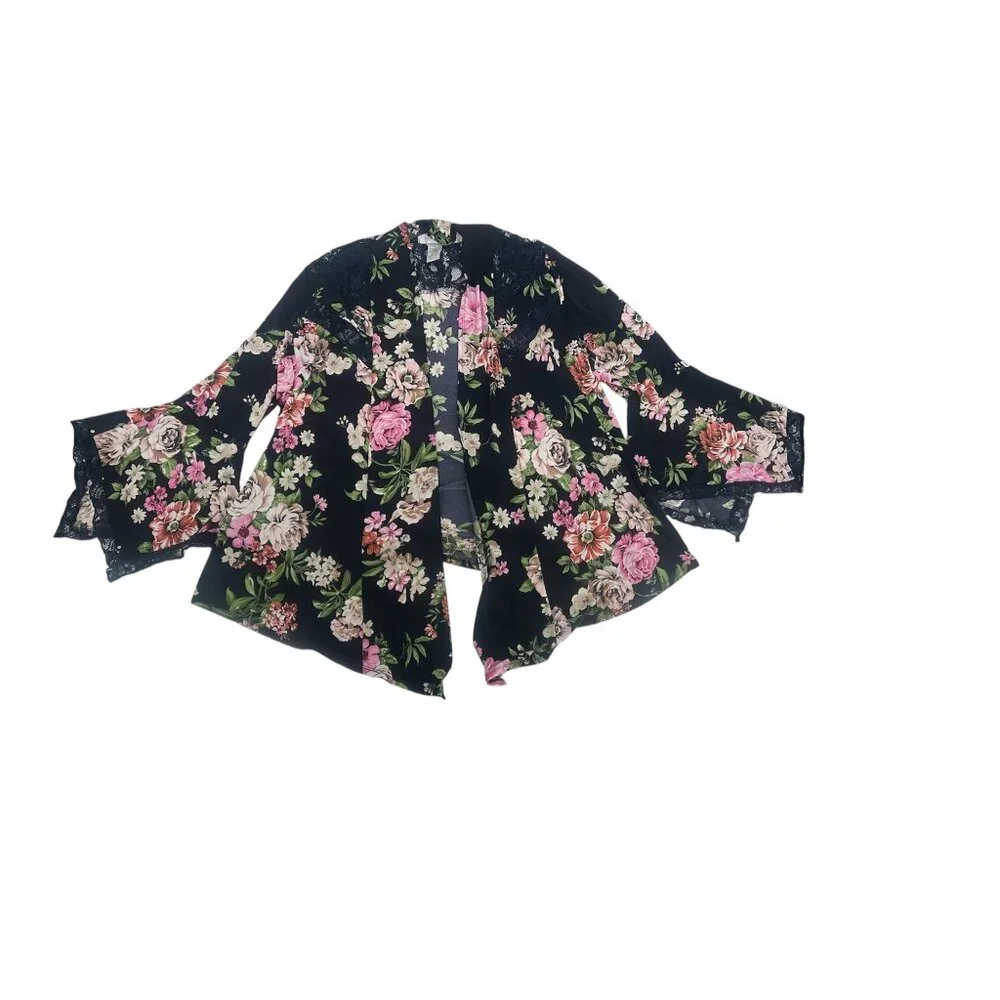 🌸 Emma & Olive Navy Floral Kimono Cardigan Lace Bell Sleeve XL 🌸